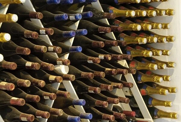 Close-up of wine bottles stored in cellar, Boschendal Vineyard, Franschoek, Western Cape, South Africa