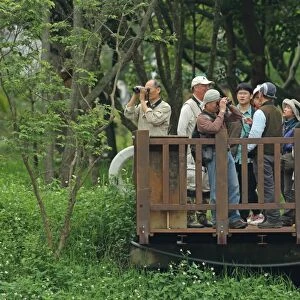 Birdwatchers with binoculars and camera on platform, contestants in bird race