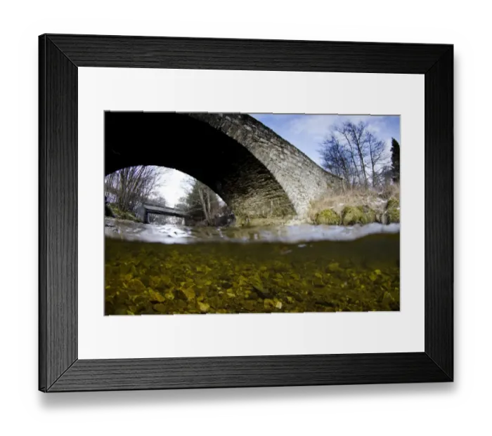 Framed Print : View of river and bridge from above and below surface of water, River Livet, Glenlivet, Cairngorms N. P Framed Print : View of river and bridge from above and below surface of water, River Livet, Glenlivet, Cairngorms N. P