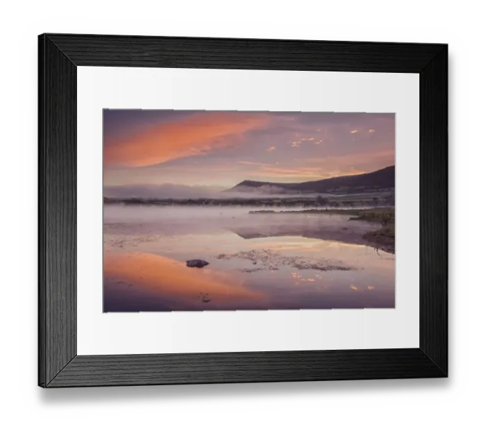 Framed Print : View of lake in mist at sunrise, looking from Llangasty, Llangorse Lake, Brecon Beacons N. P. Powys, Wales, September