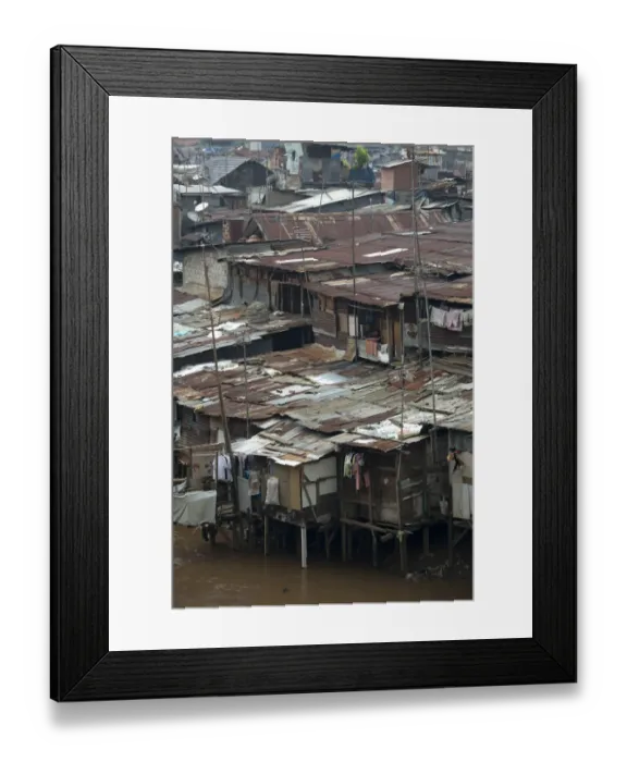 Framed Print : Stilted shacks with corrugated iron roofs beside river in city, Manggarai District, Jakarta, Java, Indonesia, December Framed Print : Stilted shacks with corrugated iron roofs beside river in city, Manggarai District, Jakarta, Java, Indonesia, December