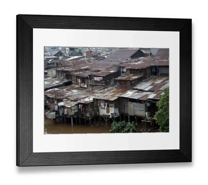 Framed Print : Stilted shacks with corrugated iron roofs beside river in city, Manggarai District, Jakarta, Java, Indonesia, December
