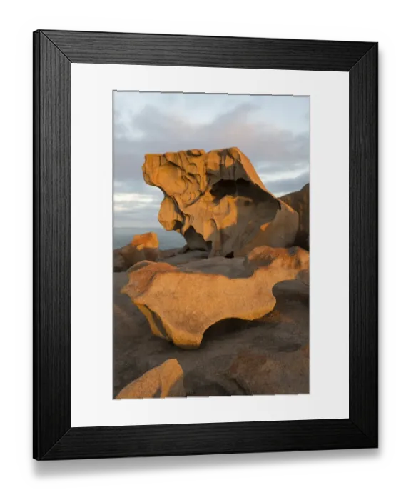 Framed Print : Eroded coastal rocks on granite outcrop at sunset, Remarkable Rocks, Flinders Chase N. P Framed Print : Eroded coastal rocks on granite outcrop at sunset, Remarkable Rocks, Flinders Chase N. P