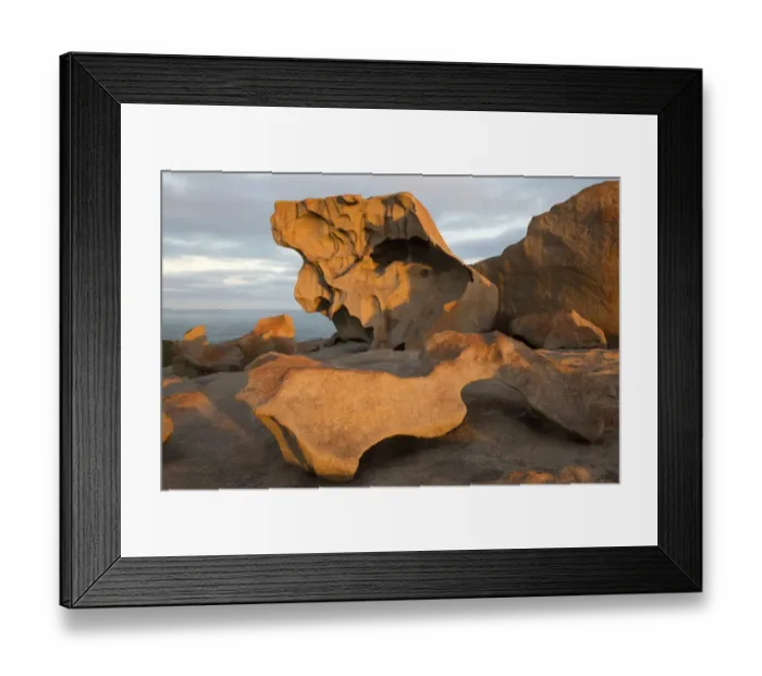 Framed Print : Eroded coastal rocks on granite outcrop at sunset, Remarkable Rocks, Flinders Chase N. P Framed Print : Eroded coastal rocks on granite outcrop at sunset, Remarkable Rocks, Flinders Chase N. P