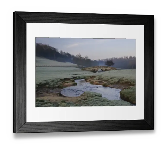 Framed Print : View of arched bridge over beck flowing through parkland at dawn, Hovingham Park, Hovingham, North Yorkshire, England Framed Print : View of arched bridge over beck flowing through parkland at dawn, Hovingham Park, Hovingham, North Yorkshire, England