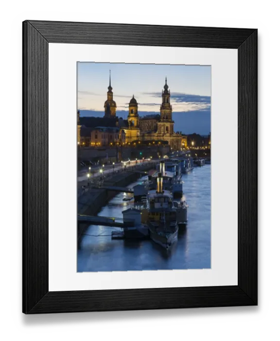 Framed Print : View of river with boats in city at night, Dresden Castle, Appellate Court and Dresden Cathedral, River Elbe, Dresden
