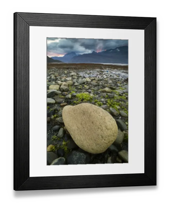 Framed Print : Rock on beach during low tide at sunset, Lyngen Fjord, Skibotn, Lapland, North Norway, September Framed Print : Rock on beach during low tide at sunset, Lyngen Fjord, Skibotn, Lapland, North Norway, September