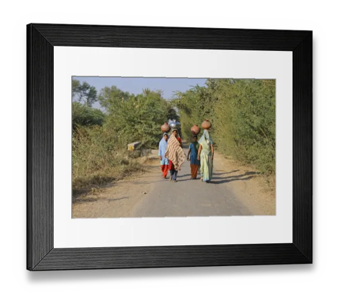 Framed Print : Indian girls carrying water containers on heads, near Bharatpur, Rajasthan, India, December