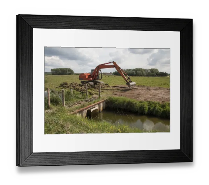 Framed Print : Using a digger for maintenance work on sluice gate at Deepdale Marsh north Norfolk Framed Print : Using a digger for maintenance work on sluice gate at Deepdale Marsh north Norfolk