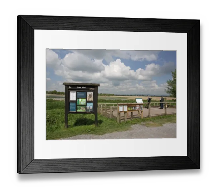 Framed Print : View of information board, viewing platform and wetland habitat in nature reserve