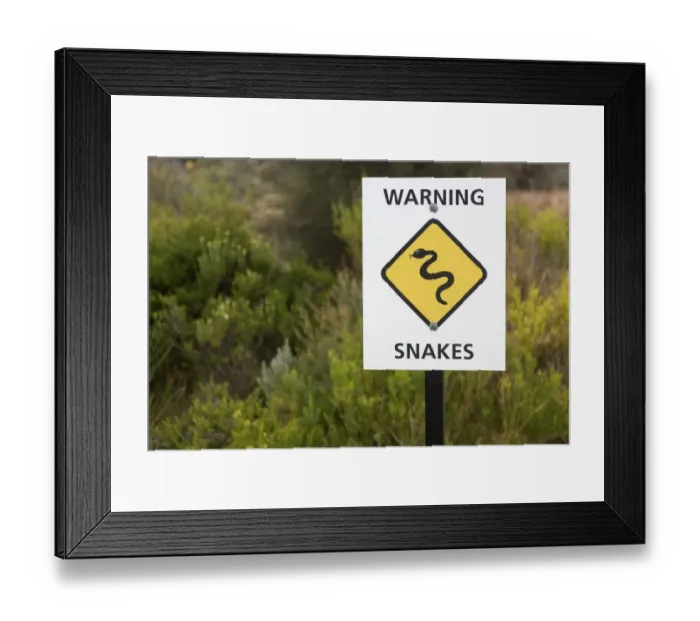 Framed Print : Warning, Snakes sign, Great Ocean Road, Victoria, Australia, February Framed Print : Warning, Snakes sign, Great Ocean Road, Victoria, Australia, February