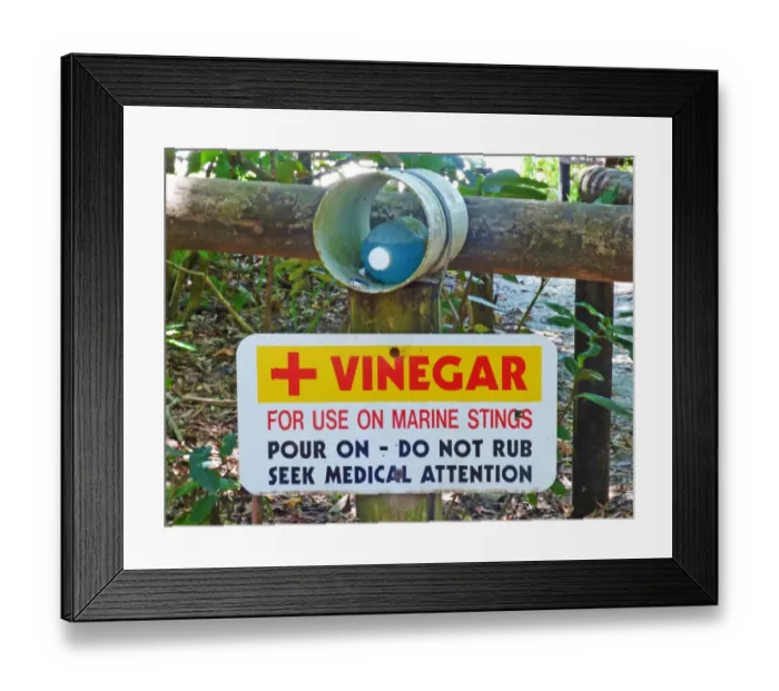 Framed Print : Vinegar for use on marine stings sign and first aid kit, Cape Tribulation, Daintree N. P Framed Print : Vinegar for use on marine stings sign and first aid kit, Cape Tribulation, Daintree N. P