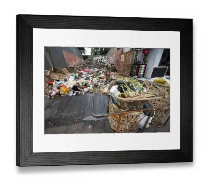 Framed Print : Large pile of rubbish and collection baskets in city, Manggarai District, Jakarta, Java, Indonesia, December