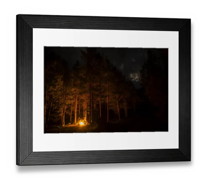 Framed Print : Camp fire in coniferous forest at night, Skibotn, Lapland, North Norway, September