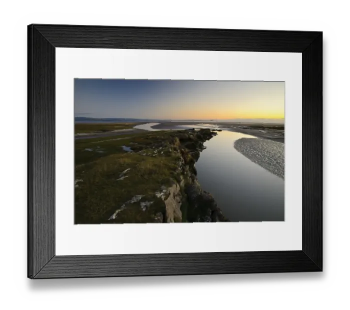 Framed Print : View of spit projecting into bay at dusk, Humphrey Head, Morecambe Bay, Cumbria, England, December