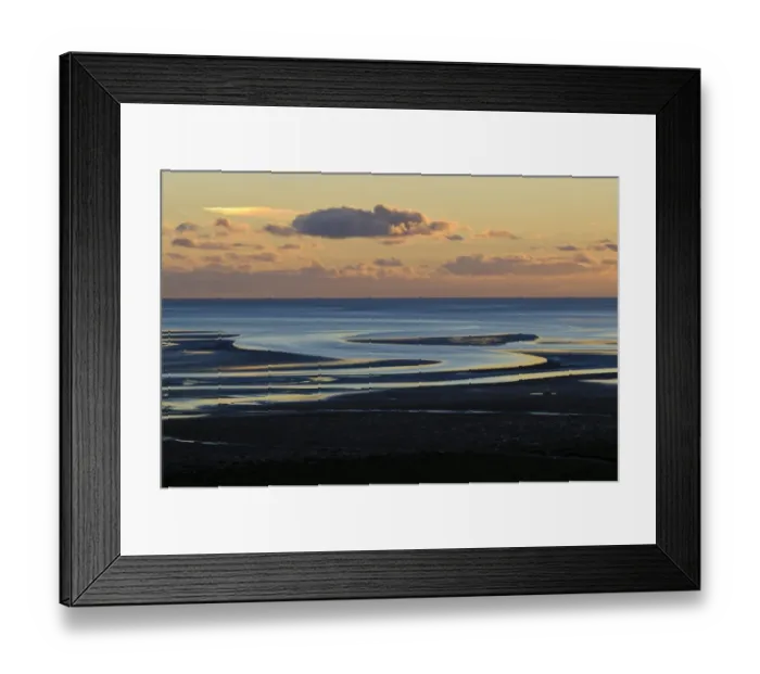 Framed Print : View across bay with channels in sand, at low tide in evening light, Humphrey Head, Morecambe Bay, Cumbria, England