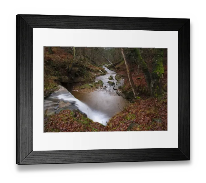 Framed Print : Waterfall and river in woodland habitat with fallen leaves, Blow Gill, near Hawnby, North York Moors N. P