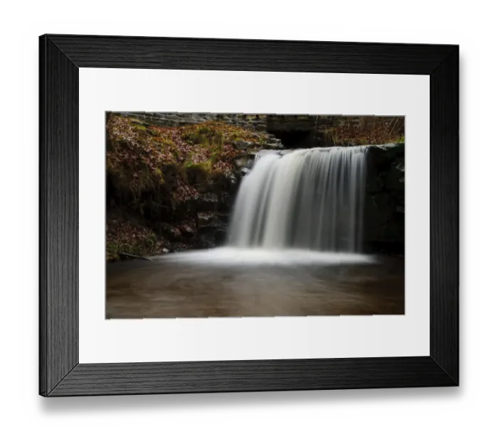 Framed Print : Waterfall and river in woodland with fallen leaves, Blow Gill, near Hawnby, North York Moors N. P