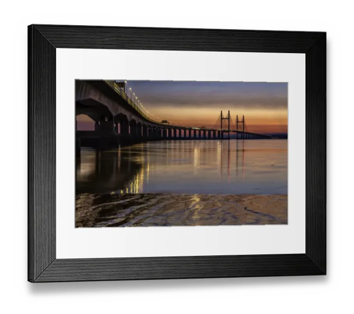Framed Print : View of road bridge over river at sunset, viewed from Severn Beach, Second Severn Crossing, River Severn Framed Print : View of road bridge over river at sunset, viewed from Severn Beach, Second Severn Crossing, River Severn