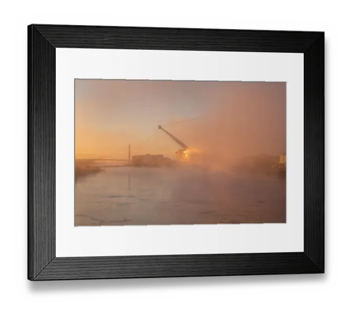 Framed Print : View of tidal river with footbridge and university building shrouded in mist at sunrise, Newport City Footbridge Framed Print : View of tidal river with footbridge and university building shrouded in mist at sunrise, Newport City Footbridge