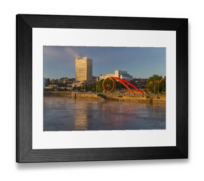 Framed Print : Steel sculpture on city waterfront at dawn, The Wave, River Usk, Newport, South Wales, October Framed Print : Steel sculpture on city waterfront at dawn, The Wave, River Usk, Newport, South Wales, October