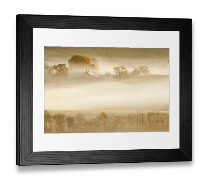 Framed Print : View of landscape shrouded in mist at sunrise, Trellech Grange, near Wye Valley, Monmouthshire, South Wales, December