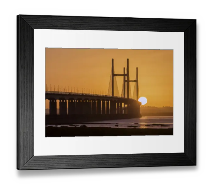 Framed Print : View of road bridge over river at sunrise, viewed from Caldicot, Second Severn Crossing, River Severn, Severn Estuary