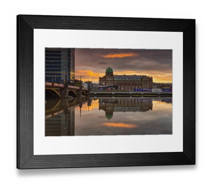 Framed Print : Redeveloped apartment building with copper dome, reflected in river at sunrise, Newport Technical Institute, River Usk Framed Print : Redeveloped apartment building with copper dome, reflected in river at sunrise, Newport Technical Institute, River Usk