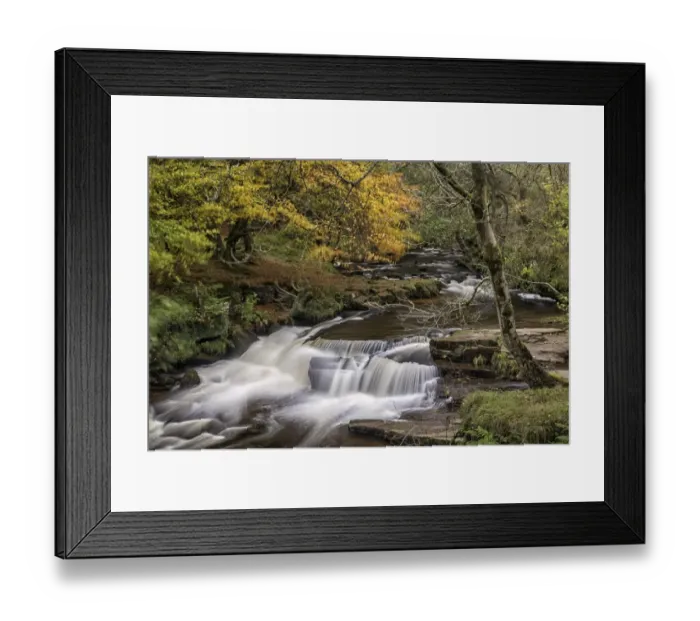 Framed Print : River and cascades in woodland, Neddau Falls, Brecon Beacons N. P. Mid Wales, October