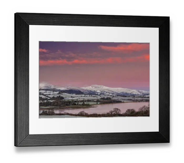 Framed Print : View of snow covered farmland and hills at sunrise, looking from Mynydd Llangorse, Llangorse Lake, Brecon Beacons N. P Framed Print : View of snow covered farmland and hills at sunrise, looking from Mynydd Llangorse, Llangorse Lake, Brecon Beacons N. P