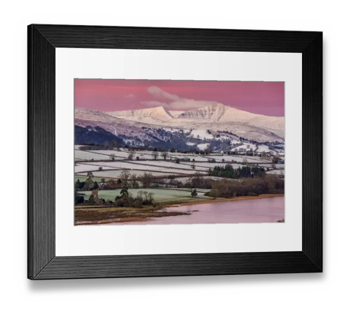 Framed Print : View of snow covered farmland and hills at sunrise, looking from Mynydd Llangorse, Llangorse Lake, Brecon Beacons N. P Framed Print : View of snow covered farmland and hills at sunrise, looking from Mynydd Llangorse, Llangorse Lake, Brecon Beacons N. P