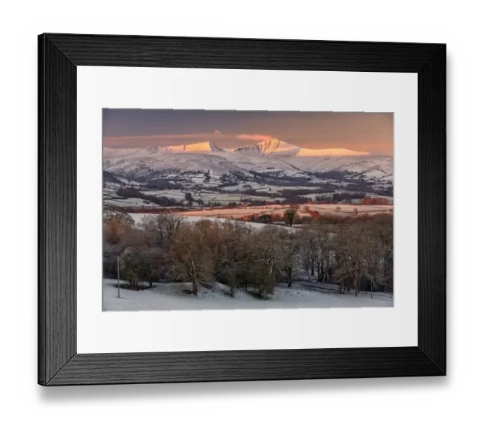 Framed Print : View of snow covered farmland and hills at sunrise, near Llangorse (Talyllyn), Penyfan, Brecon Beacons N. P Framed Print : View of snow covered farmland and hills at sunrise, near Llangorse (Talyllyn), Penyfan, Brecon Beacons N. P
