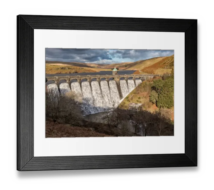 Framed Print : View of reservoir dam, Craig Goch Dam, Elan River, Elan Valley, Rhayader, Powys, Mid Wales, February