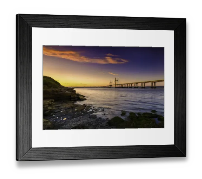Framed Print : View of road bridge over river at sunrise, viewed from Divers Rock at Sudbrook, Second Severn Crossing, River Severn Framed Print : View of road bridge over river at sunrise, viewed from Divers Rock at Sudbrook, Second Severn Crossing, River Severn