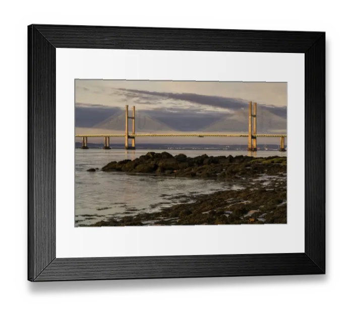 Framed Print : View of road bridge over river at sunrise, viewed from Black Rock near Portskewett, Second Severn Crossing Framed Print : View of road bridge over river at sunrise, viewed from Black Rock near Portskewett, Second Severn Crossing