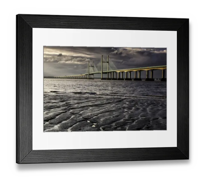Framed Print : View of road bridge over river at dawn, viewed from Divers Rock at Sudbrook, Second Severn Crossing, River Severn Framed Print : View of road bridge over river at dawn, viewed from Divers Rock at Sudbrook, Second Severn Crossing, River Severn
