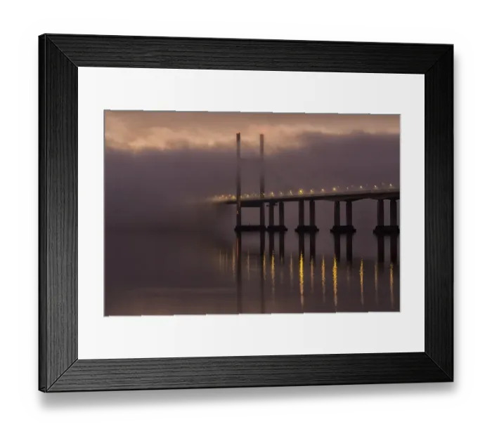 Framed Print : View of road bridge over river shrouded in mist at sunrise, viewed from Divers Rock at Sudbrook Framed Print : View of road bridge over river shrouded in mist at sunrise, viewed from Divers Rock at Sudbrook
