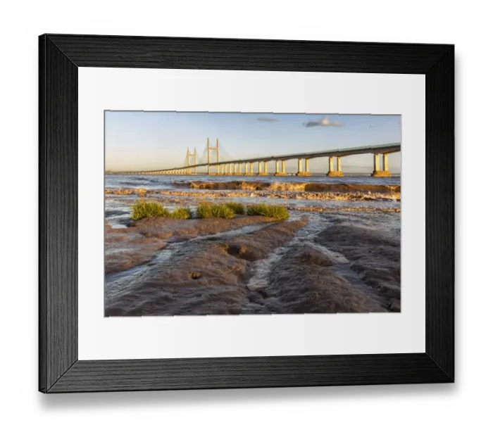 Framed Print : View of road bridge over river at sunset, viewed from Divers Rock at Sudbrook, Second Severn Crossing, River Severn Framed Print : View of road bridge over river at sunset, viewed from Divers Rock at Sudbrook, Second Severn Crossing, River Severn