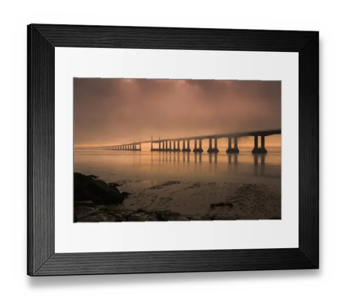 Framed Print : View of road bridge over river shrouded in mist at sunrise, viewed from Divers Rock at Sudbrook Framed Print : View of road bridge over river shrouded in mist at sunrise, viewed from Divers Rock at Sudbrook