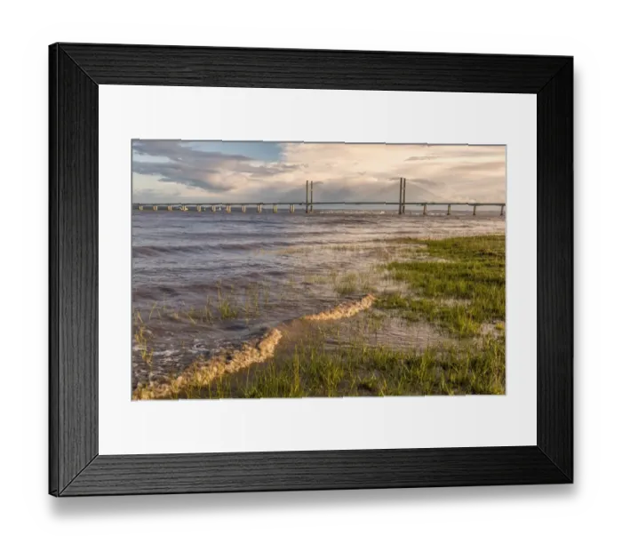Framed Print : View of road bridge over river at sunset, viewed from Black Rock near Portskewett, Second Severn Crossing