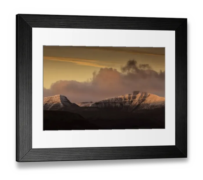Framed Print : View of snow covered hills at sunrise, Penyfan and Corn Du, Brecon Beacons N. P. Merthyr Tydfil, Wales, December