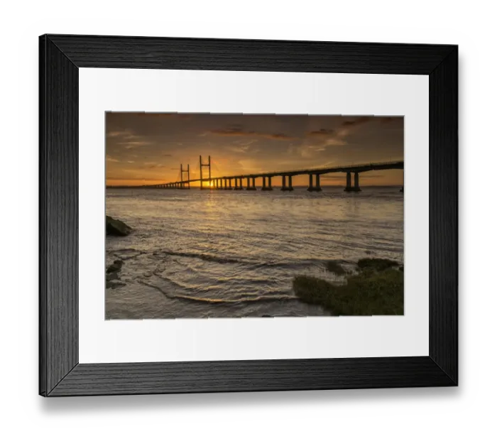 Framed Print : View of road bridge over river at sunrise, viewed from Divers Rock at Sudbrook, Second Severn Crossing, River Severn Framed Print : View of road bridge over river at sunrise, viewed from Divers Rock at Sudbrook, Second Severn Crossing, River Severn