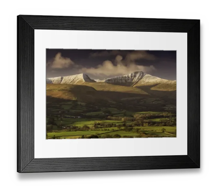 Framed Print : View of farmland and snow covered hills at sunrise, Penyfan and Corn Du, Brecon Beacons N. P Framed Print : View of farmland and snow covered hills at sunrise, Penyfan and Corn Du, Brecon Beacons N. P