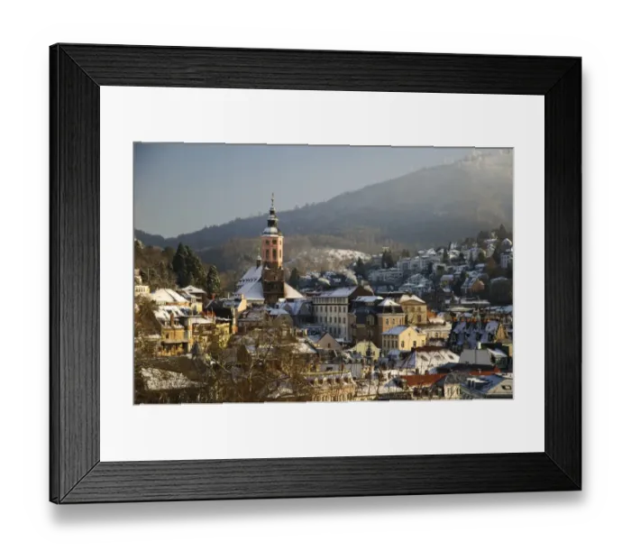 Framed Print : View of church and spa town in snow, with summit of Merkur Mountain in background, Stiftskirche, Baden-Baden Framed Print : View of church and spa town in snow, with summit of Merkur Mountain in background, Stiftskirche, Baden-Baden