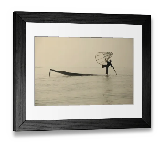 Framed Print : Traditional fisherman with fish trap in boat, Inle Lake, Shan State, Myanmar, January Framed Print : Traditional fisherman with fish trap in boat, Inle Lake, Shan State, Myanmar, January