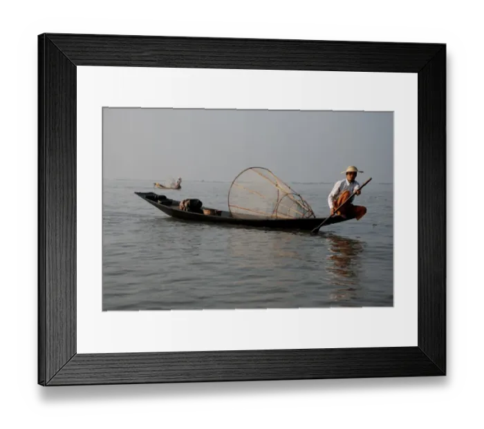 Framed Print : Traditional fishermen with fish traps in boats, Inle Lake, Shan State, Myanmar, January