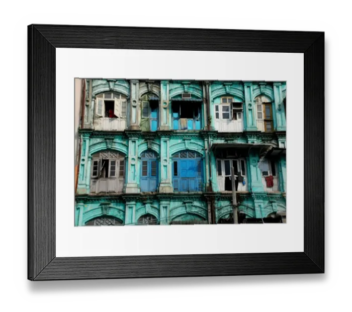 Framed Print : Dilapidated colonial era tenement block in city, Central Yangon, Myanmar, January Framed Print : Dilapidated colonial era tenement block in city, Central Yangon, Myanmar, January