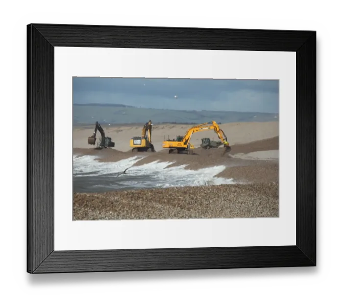 Framed Print : Repairing sea defences, excavators repairing seawall on shingle beach, Chesil Beach, Dorset, England, February 2014 Framed Print : Repairing sea defences, excavators repairing seawall on shingle beach, Chesil Beach, Dorset, England, February 2014
