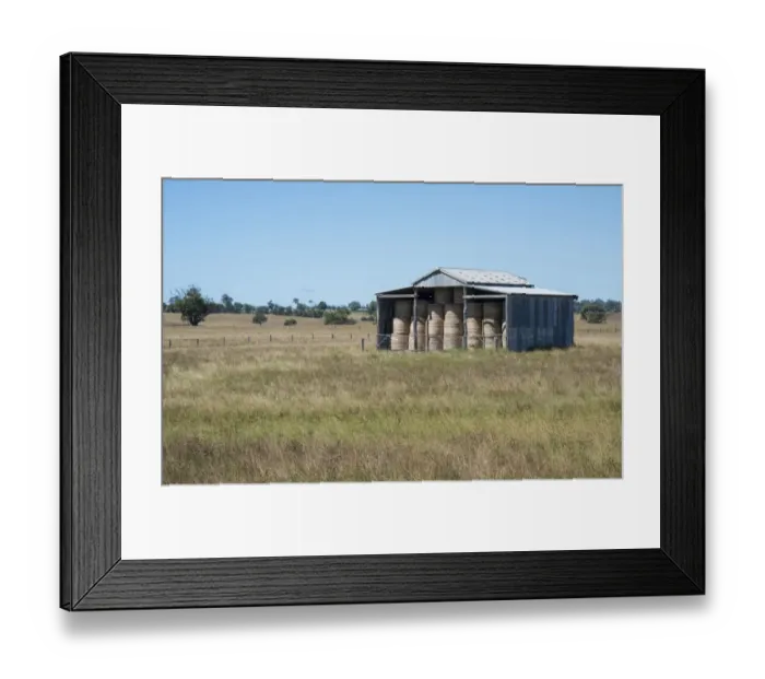 Framed Print : Farm building with round hay bales, Lakes Entrance, Victoria, Australia, February Framed Print : Farm building with round hay bales, Lakes Entrance, Victoria, Australia, February