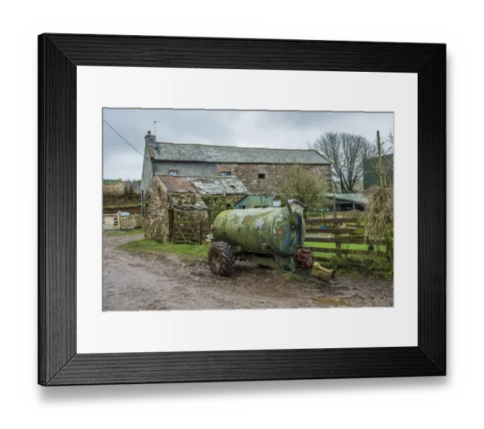 Framed Print : Slurry tanker and farm buildings, Cumbria, England, March Framed Print : Slurry tanker and farm buildings, Cumbria, England, March